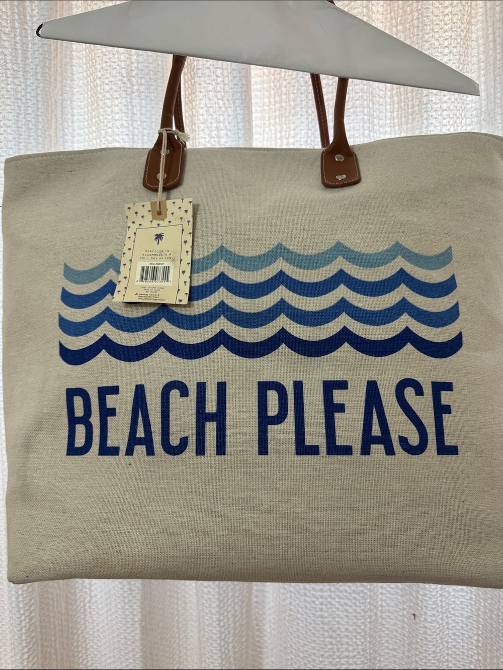 Canvas Tote Bag in Blue Wave Print - 'Beach Please'